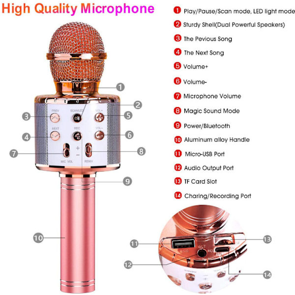 1 stk. Rose Gold Karaoke Trådløs Mikrofon med Dansende LED-lys
