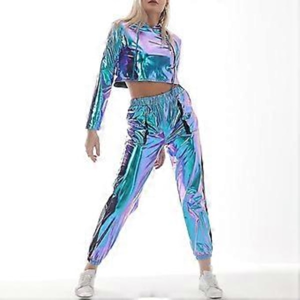 Rave-outfit för damer, glänsande crop top-hoodie, metalliska lediga långbyxor, hoodie-träningssweatshirt, discodans-klubbkläder (XX-Large Blå)