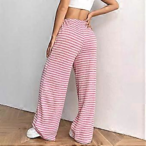 Stribede bukser til kvinder Strikkede bukser med brede ben Løse baggy loungebukser med snøre (XL Pink)