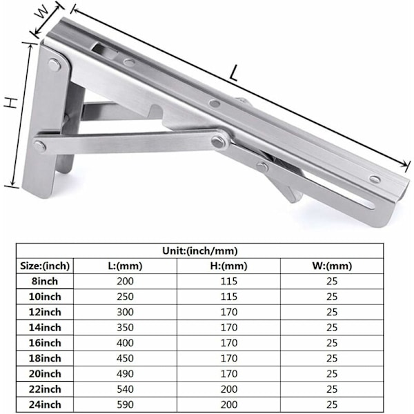 2 stk. Foldbare Braketter 250 mm, Foldbar Konsollbrakett i Rustfritt Stål B