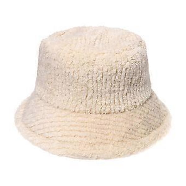 Bucket Hat i imiteret lammeuld, fiskerhue, vinter, efterår, udendørs Panama til mænd og kvinder med flad top, råhvid (råhvid)
