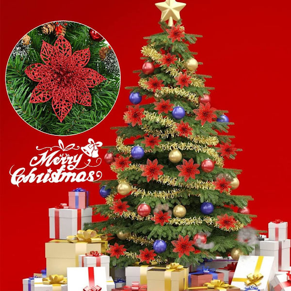 24 stk juleglitter poinsettia-ornament, kunstig jul