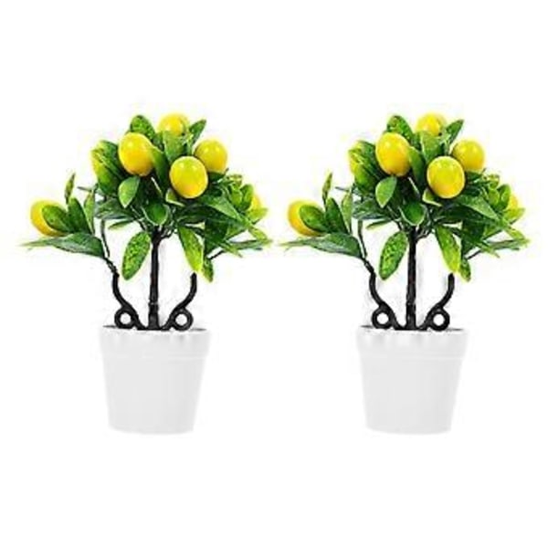 2 stk. Kunstige planter til hjemmet Skrivebord Fake Citrontræ Dekorationer Simulation Bonsai Ornamenter