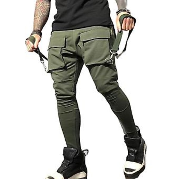Elastisen vyötärön hihnallinen, monilla taskuilla varustetut cargo-housut miehille, yksivärinen, keski-istuva, rento hip hop -tyyli, katutyyli (XL Vihreä)