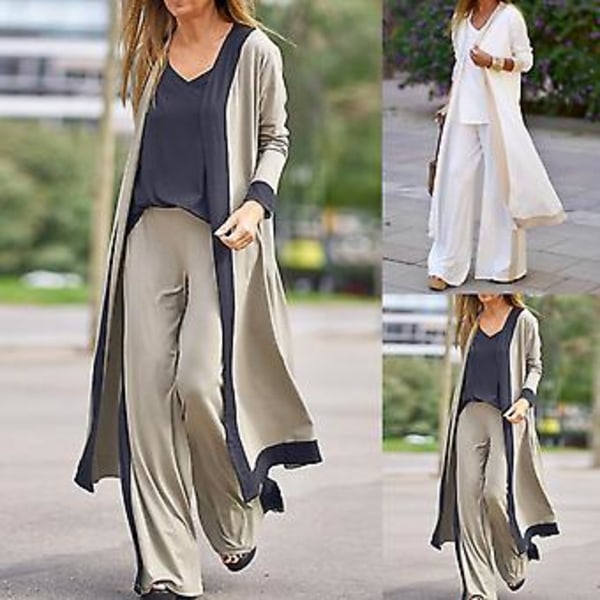 Fianao 1 Sett Cardigan, Camisole og Bukser med Fargeblokker, Vid Ben, Elegant, Lang Erme, Midje, Kvinneantrekk (L Hvit)