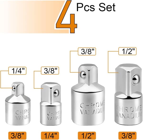 4 stk. Sokkeladapter Sæt Ratsjeadapter Sokkel Reducer 1/2\" til 3/8\", 3/8\" til 1/2\", 1/4\" til 3/8\", 3/8
