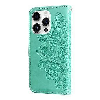 7-bladets Blomster Præget Læderetui Til iPhone 15 Pro (Grøn)