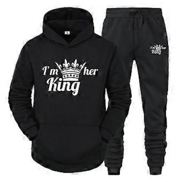 King Queen -collegepaita-setti miehille ja naisille, vapaa-ajan urheiluhupparisetti, kaksiosainen asu -NMAOV(S KING musta setti)