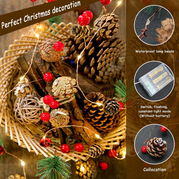 Christmas Light Garland with Pine Cone Red Berry Bell,LED Christm