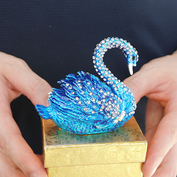 Diamanter Blå Svane Smykkeskrin Hinged Håndmalet Figur Collec