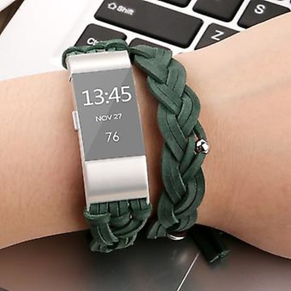 Til Fitbit Charge 2 Vævet Læder Urrem (Grøn)