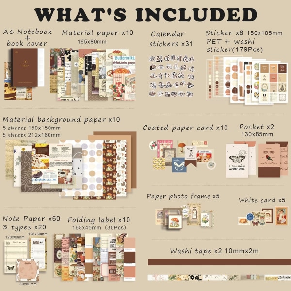 346-delt Scrapbooking-tilbehørsett, brunt Vintage Bullet Journal Scrapbook-sett med A6-rutenettnotat