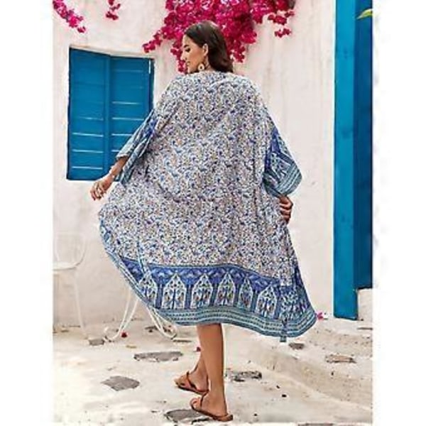 Dam Bohemisk Blommig Kimono Baddräkt Överdrag Sommar Ledig Lös Öppen Framsida Koftor Strandklänning för Baddräkt Khaki (Khaki)