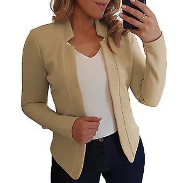 Langærmet Blazer til Kvinder i Solid Farve, Slim Fit, Kontor, Arbejde, Spids Krave, Åben Stitch Cardigan Blazer Yderbeklædning (4XL Khaki)