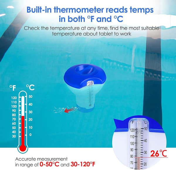 5 tommer pool flydende doser, flydende klordispenser med termometer