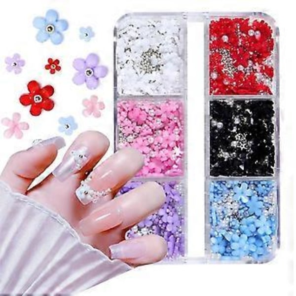 3D Blomster Nagel Charm, 6 Rutor 3D Nagelblommor Strass Stenar Pärlor Vit Rosa Blå Körsbärsblom Nagelkonst Dekaler Charm för Akryl Naglar Tillbehör med