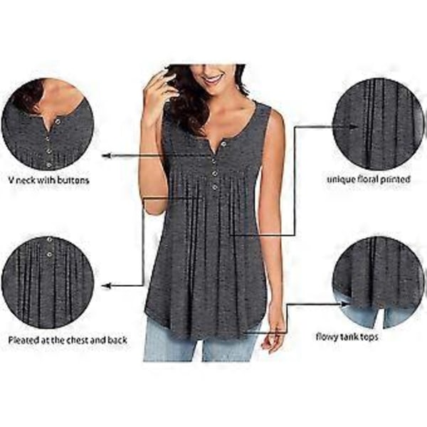 Sommer Ermeløs V-hals Ensfarget Casual Swing Skjorter Løse Tanktopper Bluser med Knapper for Kvinner