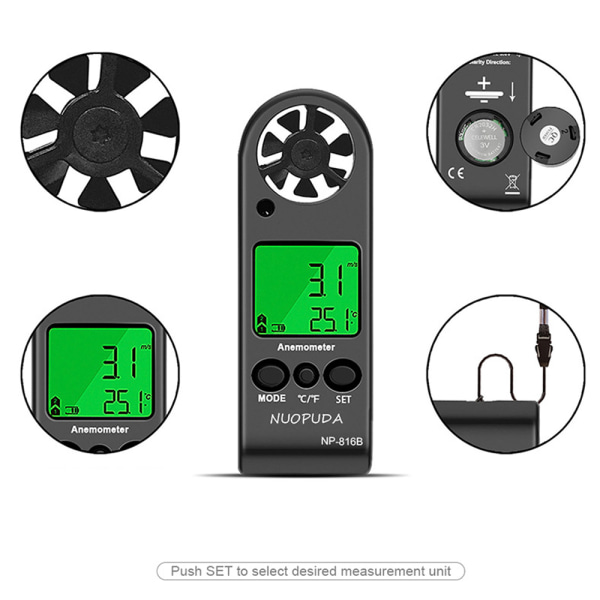 Håndholdt digital anemometer til måling af vindhastighed og temperatur