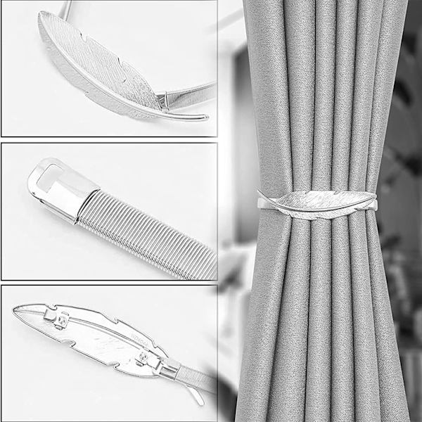 2 stk. Sølv fjer gardin slips Metal TieBacks elastisk Adj