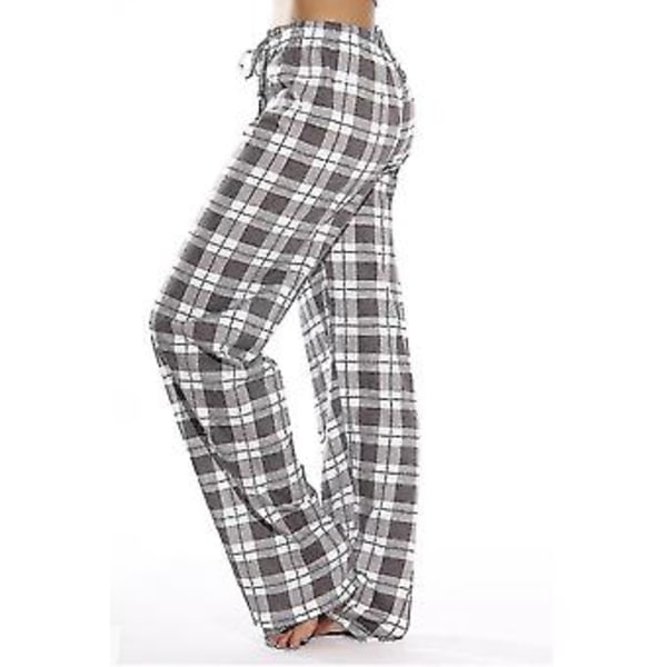 Dames Pyjamasbukser med Lommer, Bløde Flanel Check Pyjamasbukser til Kvinder (M grå)