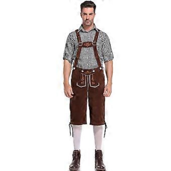 Tysk traditionell Oktoberfest-klädsel för män, rutig skjorta med broderade hängslen, kostym (M Svart skjorta och bruna overaller)