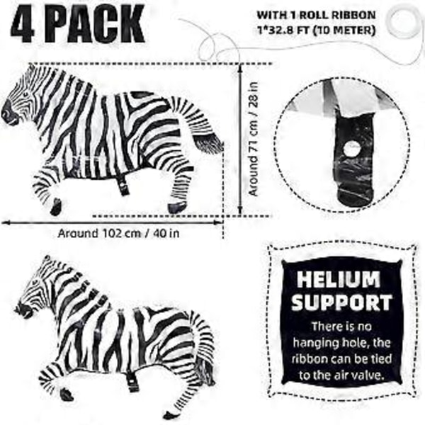 40'' Jätte Stora Vilda Djur Safari Zoo Djungel Safari Djurballonger Zebra Ballon för Festtillbehör Födselsedagsdekorationer Baby Shower, 4-pack Vilda Djur Uppblåsbara