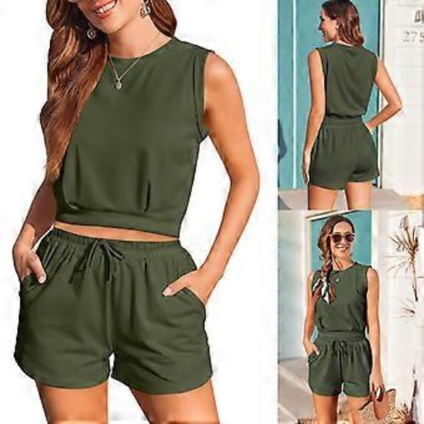 Ärmlös tröja med rund hals, hög midja, elastiska shorts, moderiktig avslappnad kostym, enfärgad, bandrosetter, knytning, elastiska byxor Khaki L(L Khaki)
