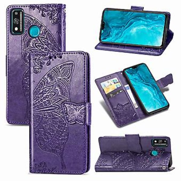 Läderfodral för Huawei Honor 9X Lite Fjäril Kärlek Blomma (Mörk Lila)