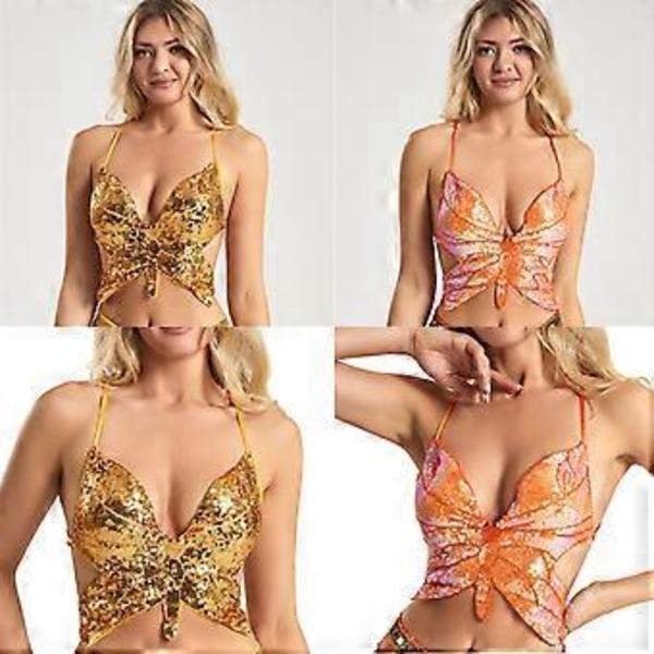Naisten hihaton ristiin sidottu selästä avoin seksikäs toppi kimaltelevilla perhossequineilla koristeltu olkaimeton rintaliivi crop top -festivaaliasu, kuninkaallinen sininen (kuninkaallinen sininen)