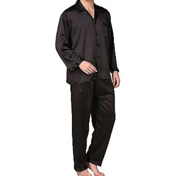 Männs Satin Pyjamas Set Knappar Silkeslen 2 Delar Pj Set Nattkläder Loungewear (L svart)