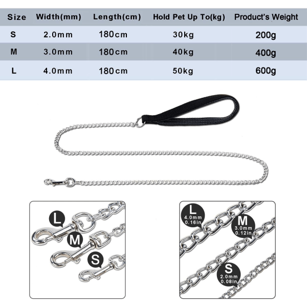 Metallhundekobbel (180 cm) Anti-skav solid hundekjede kobbel PU Lea