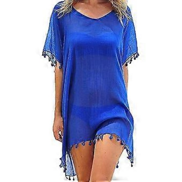 Strandklänning dam sommarklänning bikiniöverdrag sommarbadkläder lång skjorta tunika strandponcho fransad sexig chiffong strandblus dam