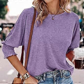 Dame Crew Neck Tunika Top Tee Top 3/4 Ærme Basic T-shirts Basic Tee Bluser Ensfarvet Løs Pasform Tunika Top Bluser Lilla S(S Lilla)