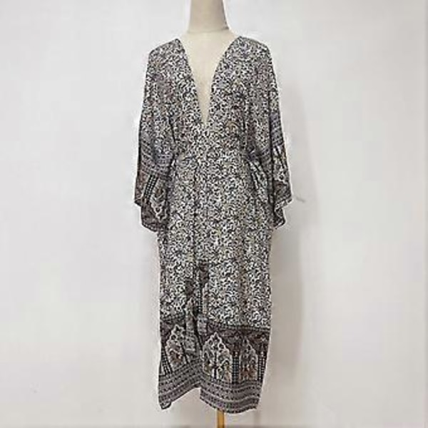 Kimono-koftor för damer, öppen framsida, bohemisk blommig lös sommartopp med bälte, långärmad strandklänning, baddräktsöverdrag Orange (Orange)