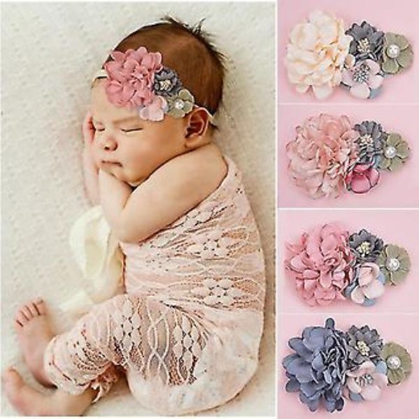 Baby Pige Elastisk Hårbånd Blomst Spædbørn Børn Stræk Hårbånd Toddler Nyfødt Fotografering Rekvisitter Hovedbeklædning Tilbehør (Beige)