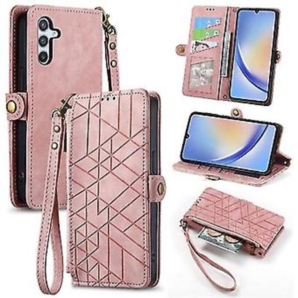 Geometriskt blixtlåsfodral med sidospänne i läder för Samsung Galaxy A34 5g (rosa)(Rosa)