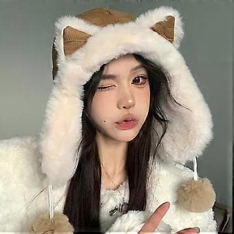 Anime Øre Pullover Hue til Kvinder Piger Vinter Efterår Tyk Plys Hue Vindtæt Bomber Hue Mode Udendørs Øreklap Hue kamel( kamel)
