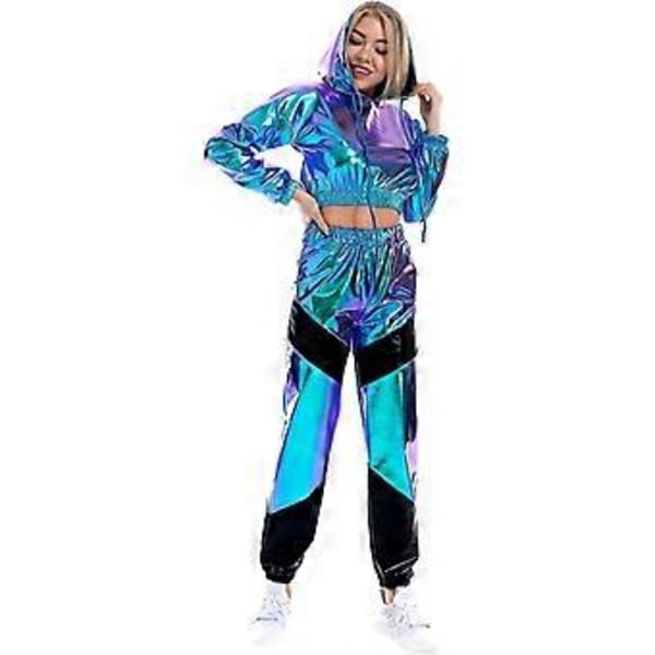 Rave-antrekk for kvinner, skinnende crop top-hettegenser, metallisk fritidsbukse, hettegenser-treningsgenser, discodanse-klubbklær (Medium holografisk blå)