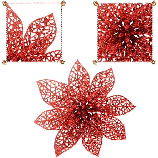 24 stk juleglitter poinsettia-ornament, kunstig jul