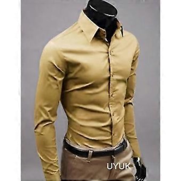 Långärmad herrskjorta för affärer, enfärgad, formell, ledig klädskjorta (XL Khaki)