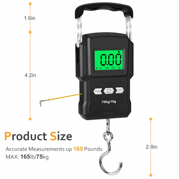 Bærbar elektronisk vekt, 165 lb/75 kg LCD-bakgrunnsbelyst digital hengende krokvekt med målebånd