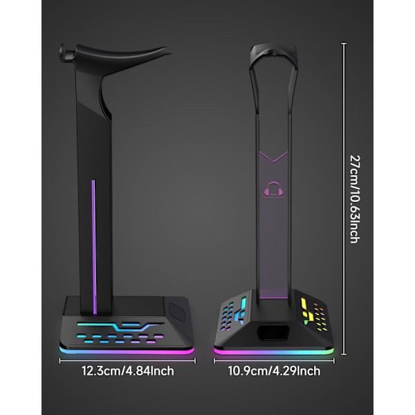 RGB-headsetstativ, speltillbehör, headsetstativ med 2 USB-portar och 1 typ C-port, cool LED He