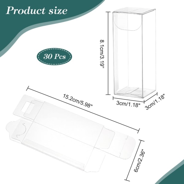 30 st genomskinlig PVC-plastlåda, 3x3x9cm klar rektangel Presentförpackningskartonger Bröllopsfestfavoritkartonger