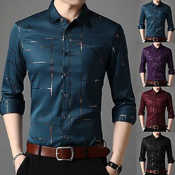 Fianao Herrarmshirt med nedvikt krage, ränder, enkelknäppt, Business (3XL Svart)
