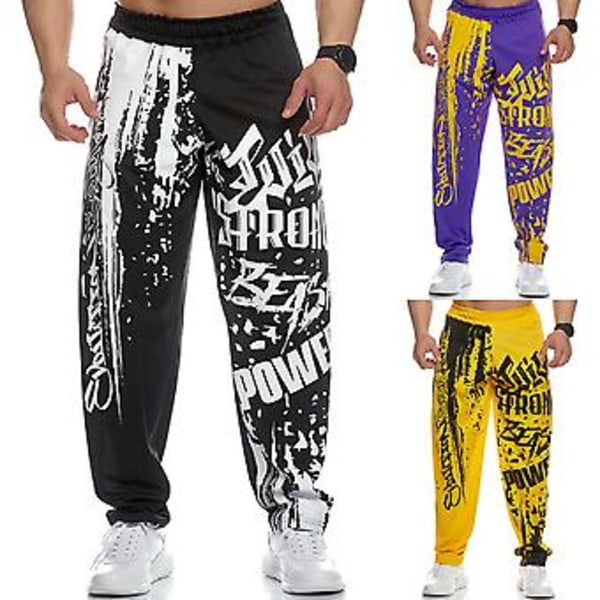 Män Sweatpants Elastisk Midja Tryckt Lös Snabbtorkande Casual Bodybuilding Joggingbyxor för Löpning (M Vit)
