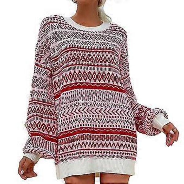 Jul Dam Långärmad Rundhalsad Tröja Pullover Topp Vinter Ledig Lös Rundhalsad Ullklänning (M Röd)