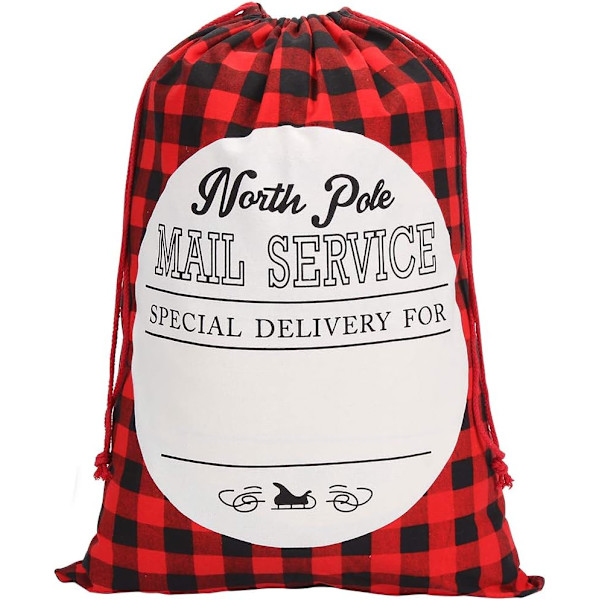 2 Pack Jultomte Canvasväskor med Dragsko i Buffalo Plaid-mönster