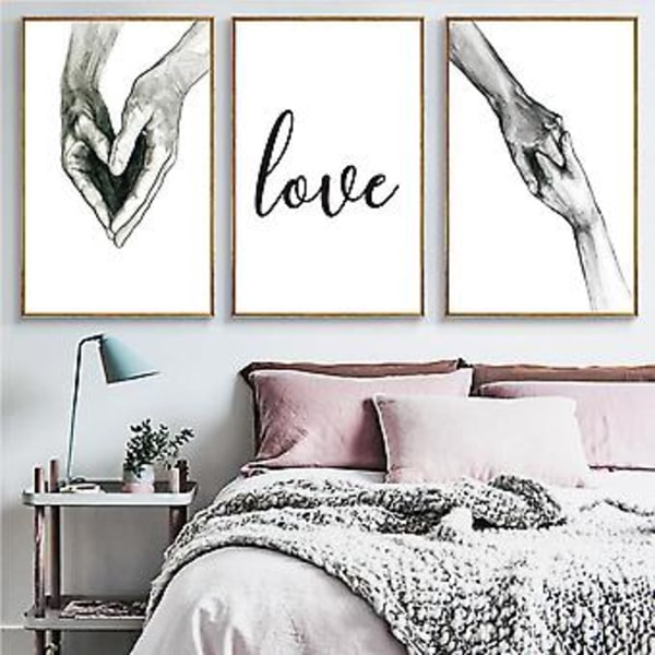 Wekity Hand in Hand och Love Väggkonst Canvas Print Poster, Enkel Mode Svartvit Skisskonst Linjeteckning Dekoration för Hem Vardagsrum Sovrum