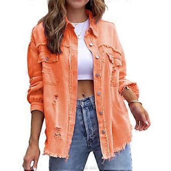 Løs Rippet Denimjakke Slitesterk Vellaget Hudvennlig Blazer For Vår Sommer Høst Daglig Bruk (L Oransje)