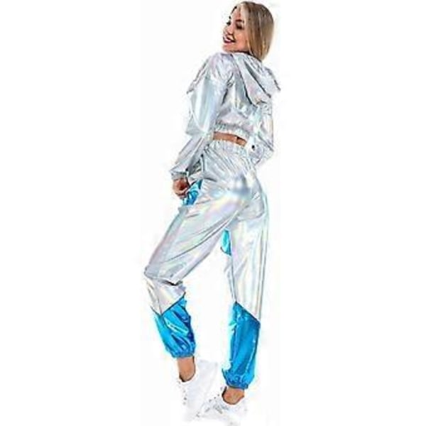 Rave-outfit för damer, glänsande crop top-hoodie, metalliska vardagsbyxor, hoodie-träningssweatshirt, discodans-klubbkläder (X-Large Holographic Silver)